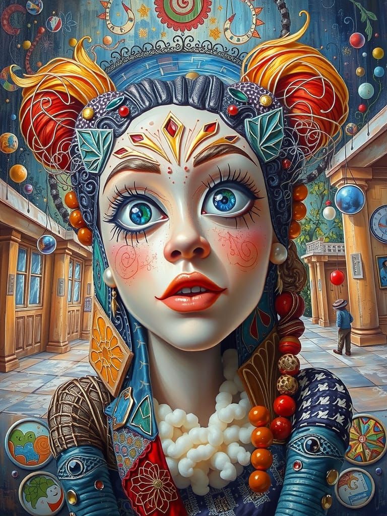 Whimsical Mixed Media Portrait in Vibrant Colors