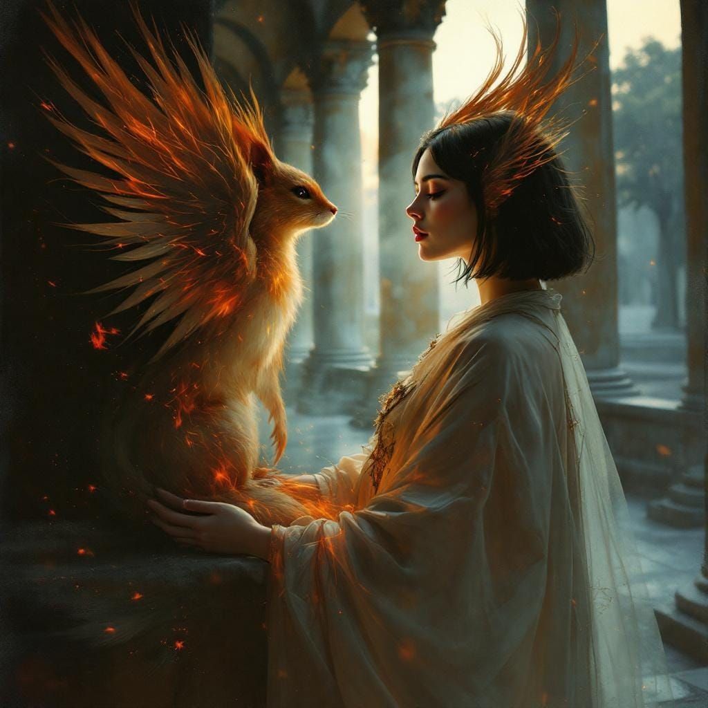 Lady and Winged Phoenix Squirrel, Da Vinci Style