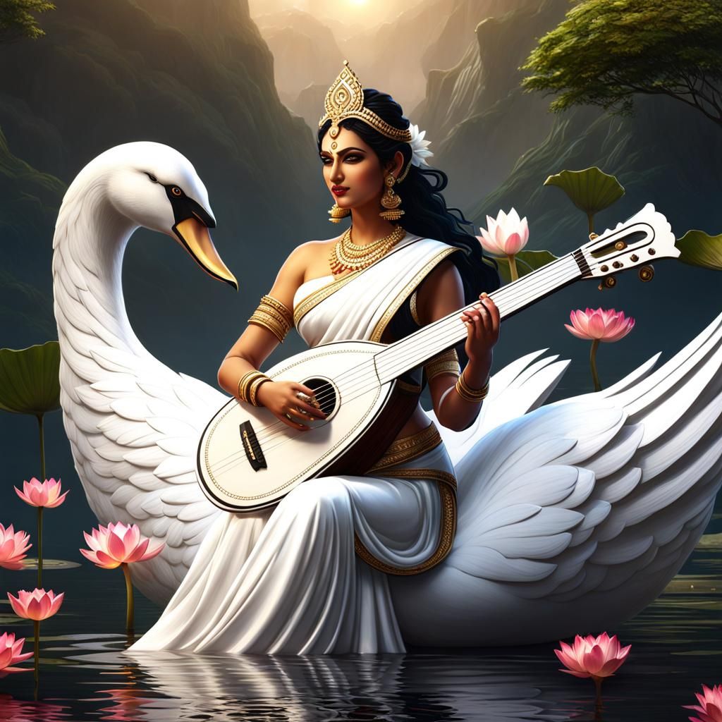 Goddess Saraswati on Swan with Lotus, Digital Art