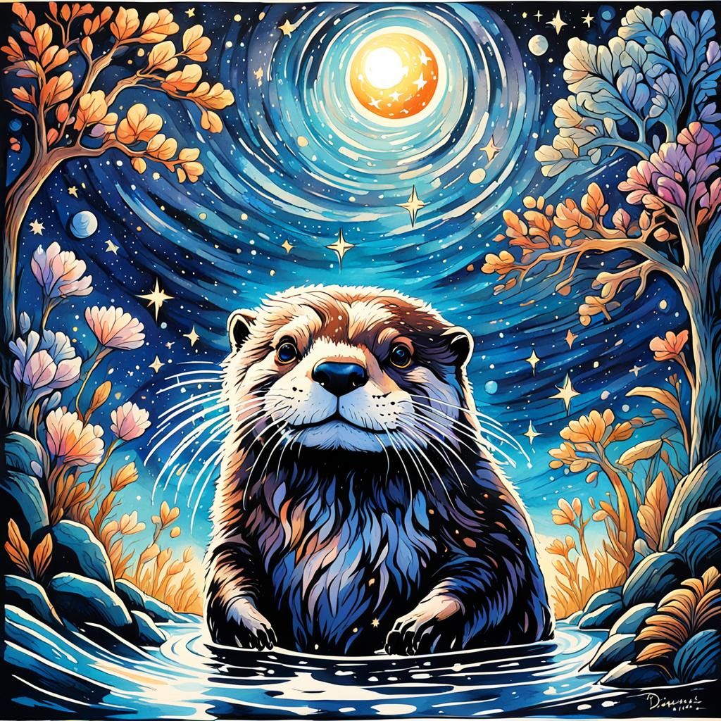 Etherial Otter Under Starry Sky: Watercolor Gouache