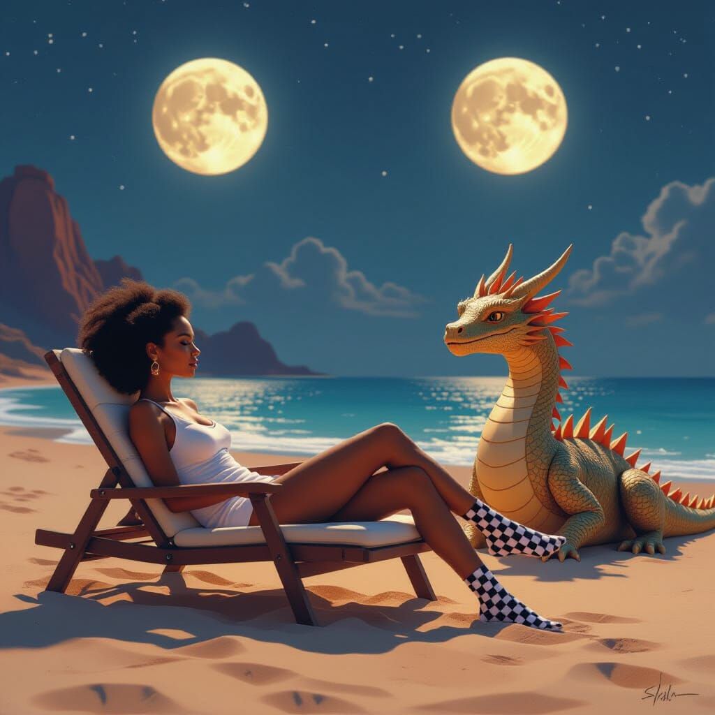 Alien Beach Serenity: Woman and Martian Sand Dragon