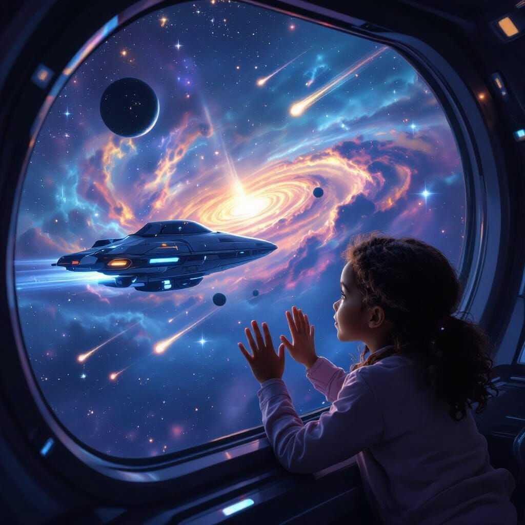 Girl Gazes at Cosmic Spectacle in Deep Space