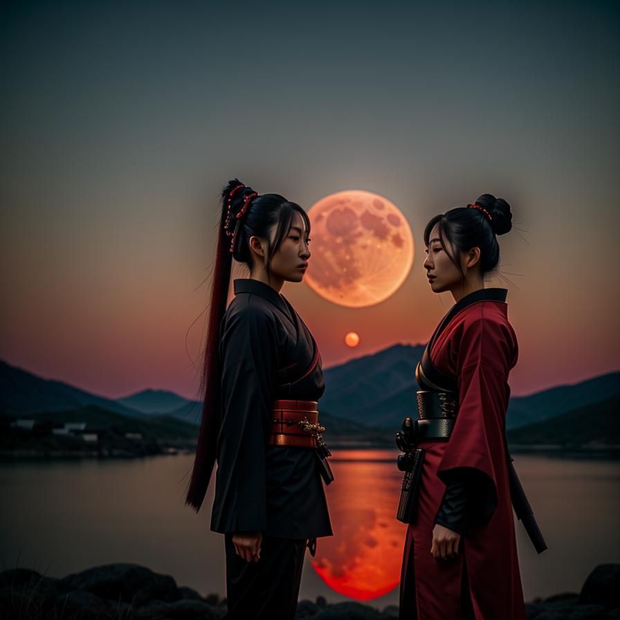 Samurai Girl Gazing at Red Moon: Cinematic Still