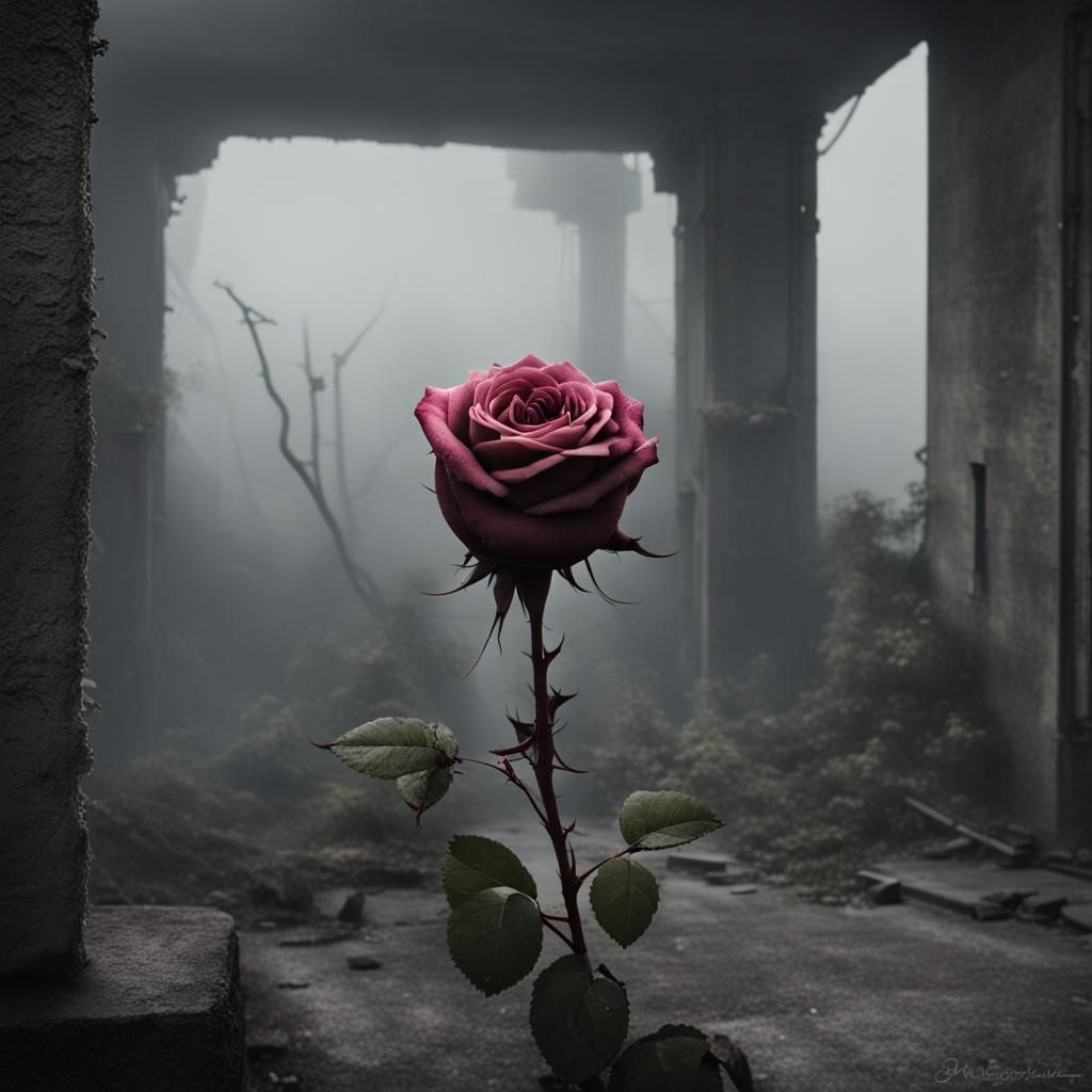 Rose Growing from Concrete in Dystopian Ruins