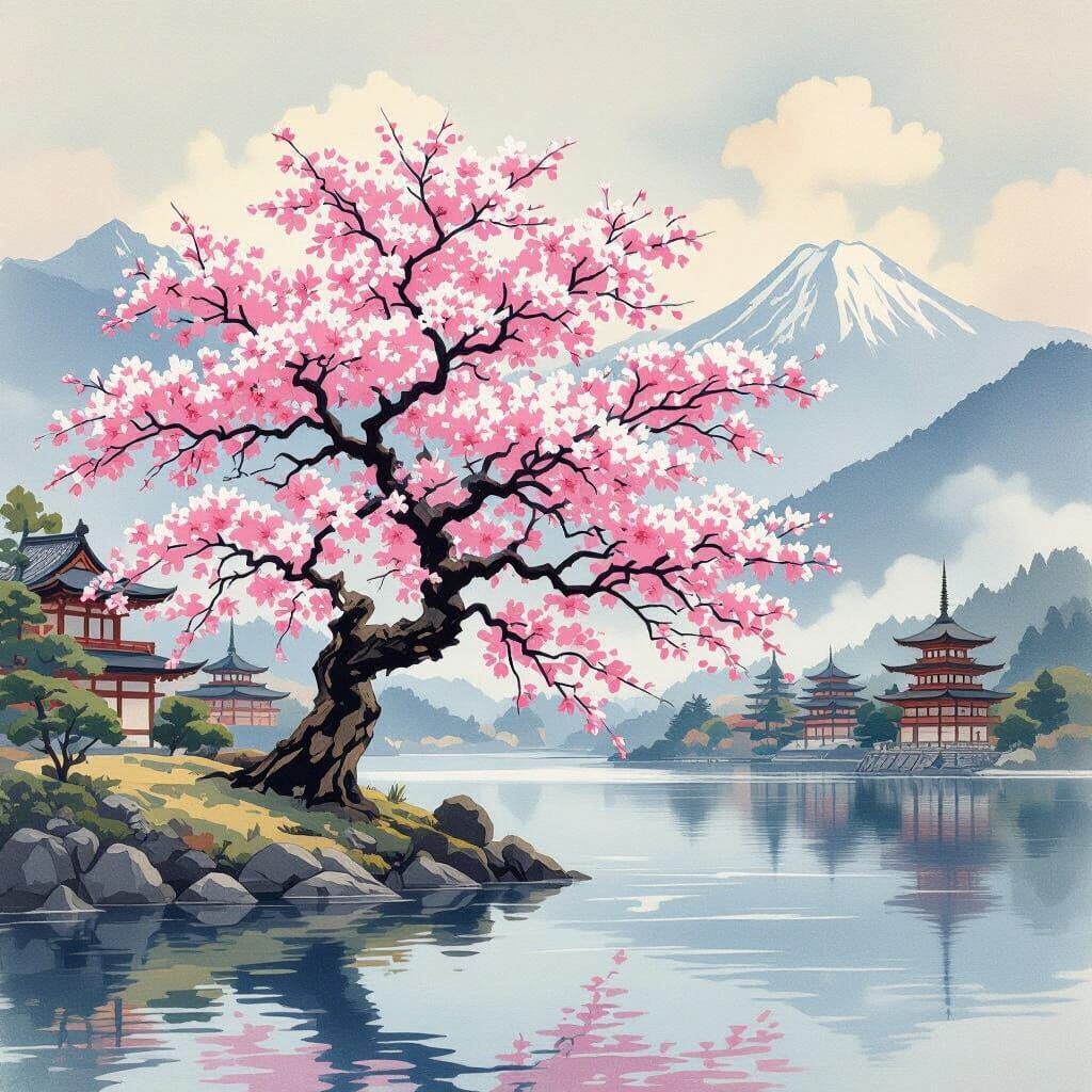 Sakura Tree by Lake with Temples in Watercolor Style