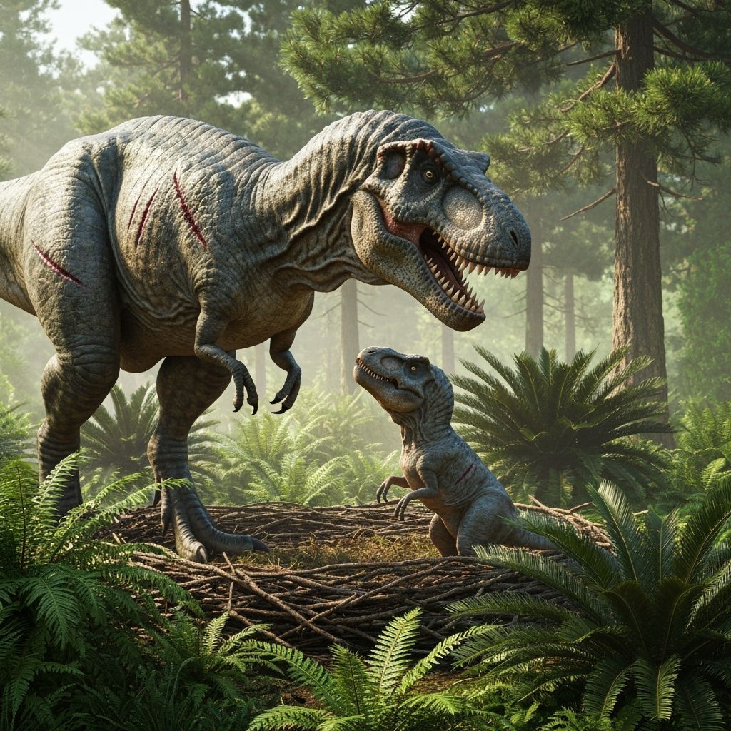 Photorealistic T-Rex Family in Jurassic Nest