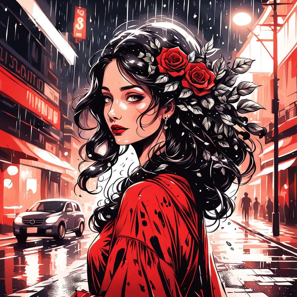 Rainy Night Portrait of Girl with Roses
