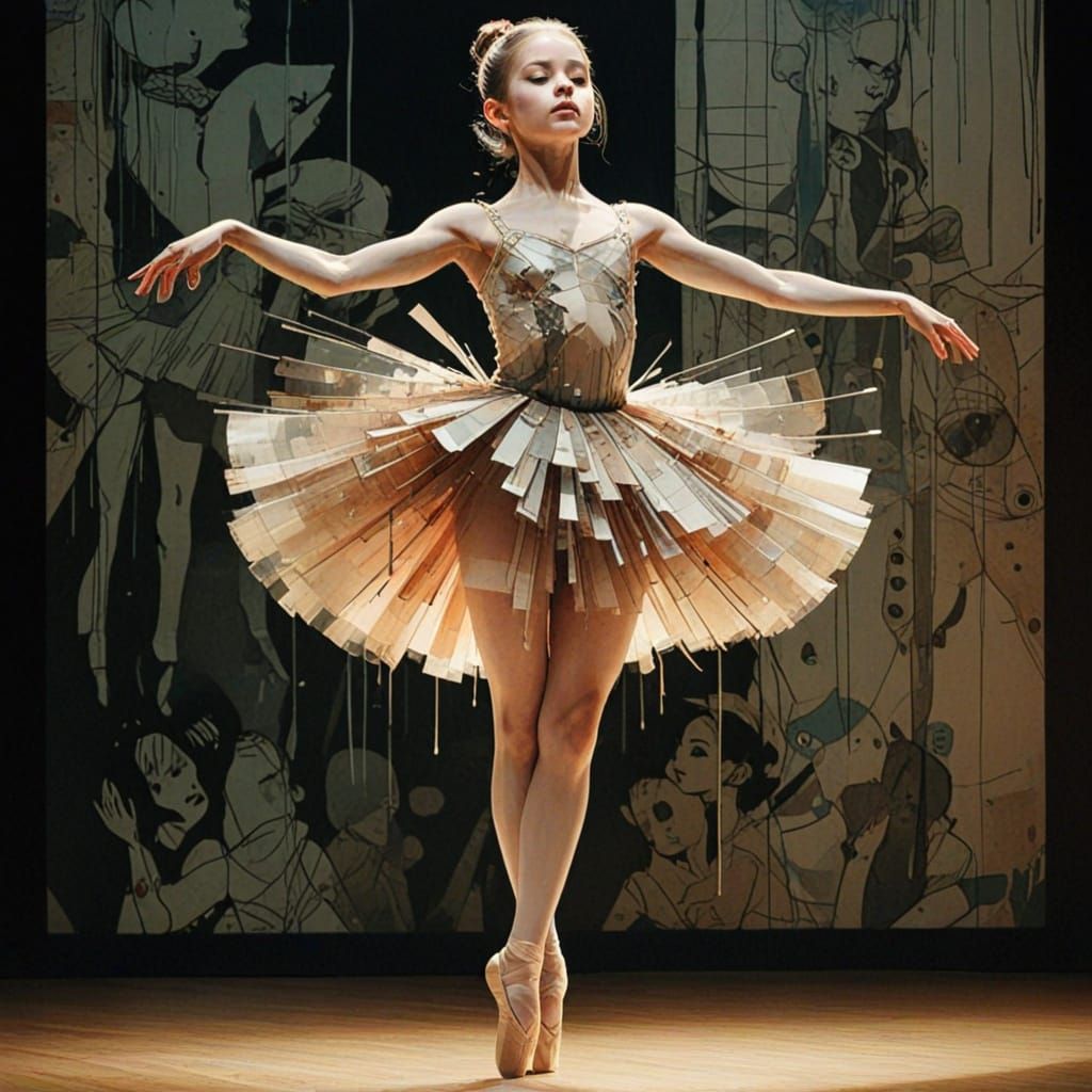 Ballerina Double Exposure: Hyperdetailed Stage Silhouette