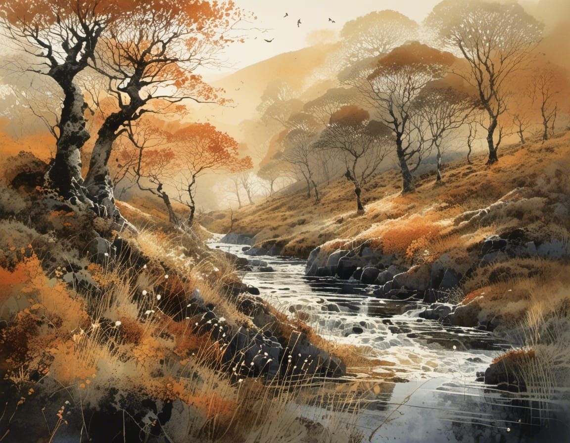 Autumnal Scotland: Intricate Watercolor Landscape