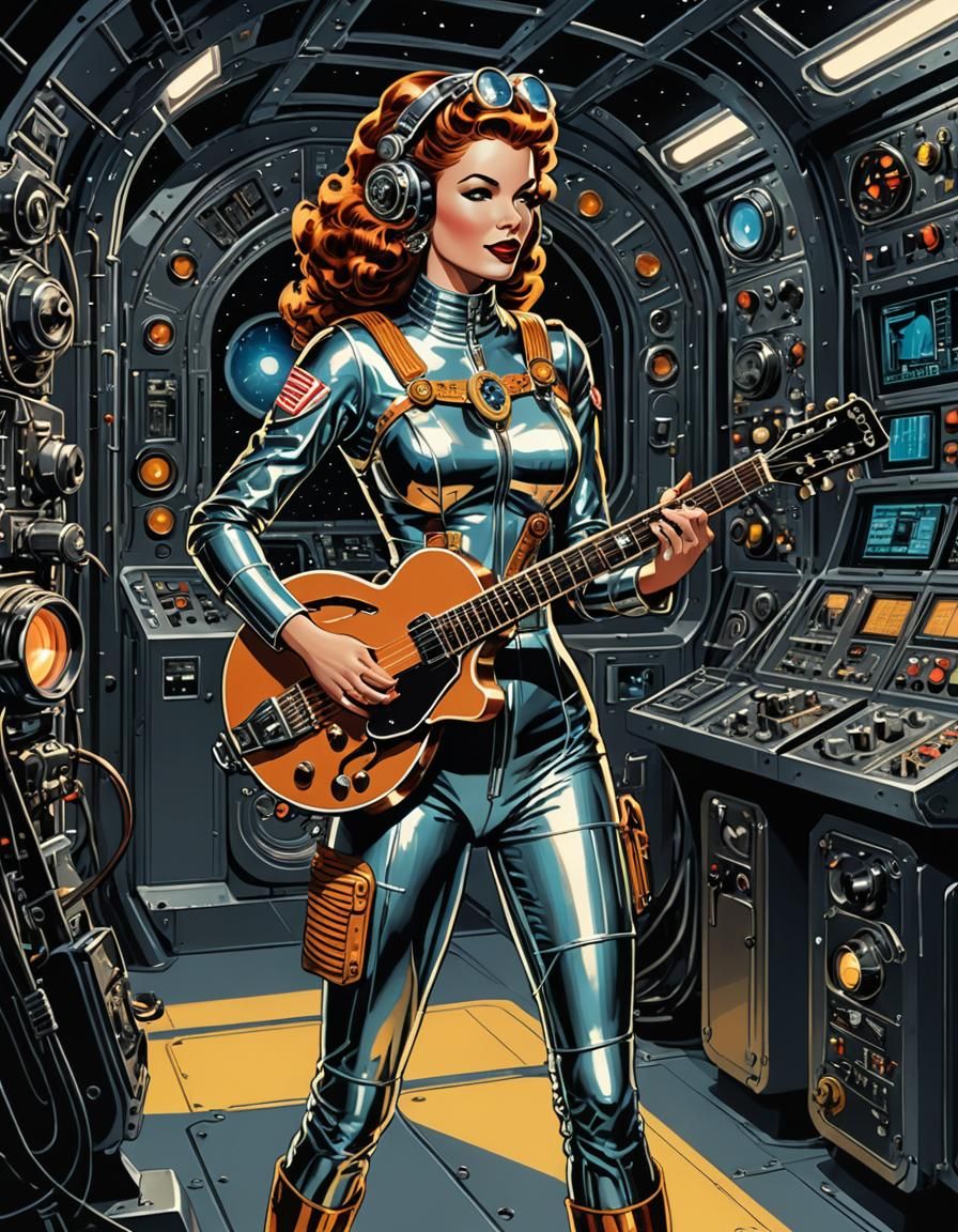 Sci-Fi Space Woman Banjo Player in Retrofuturistic Style