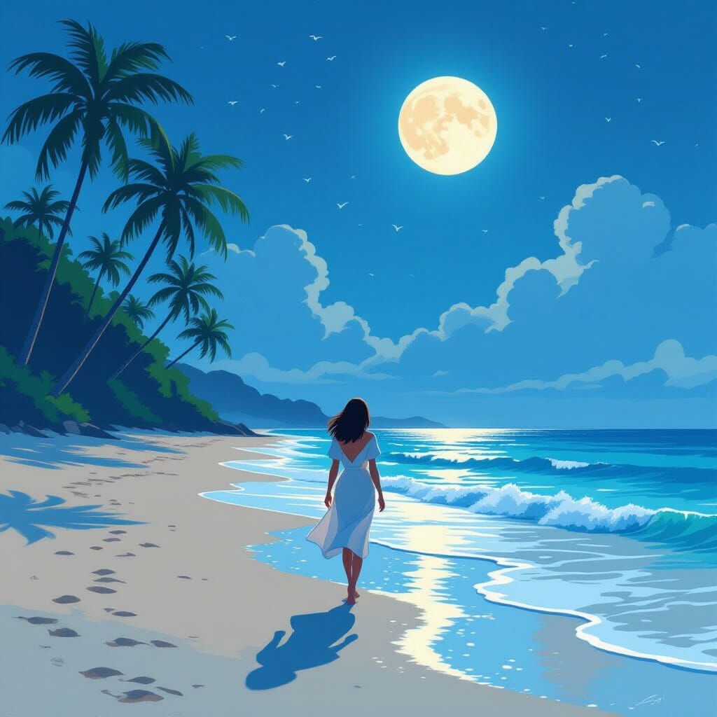 Moonlit Beach Scene in Whimsical Dreamscape Style