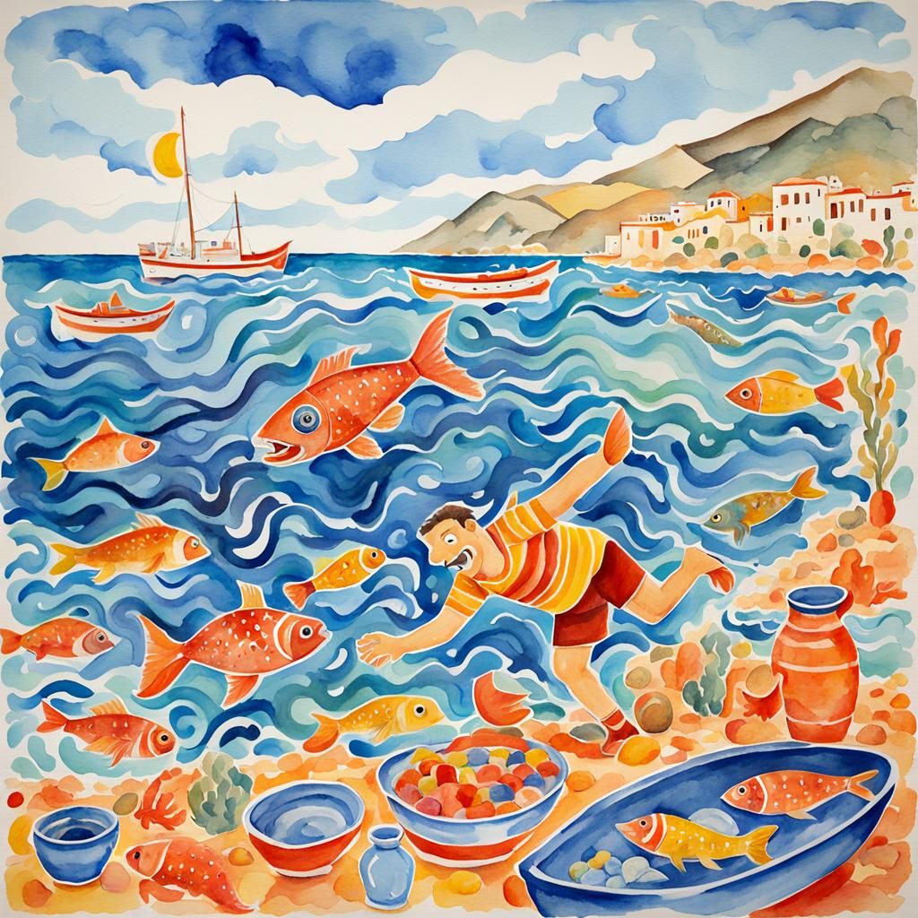 Whimsical Fish Attack Diver off Crete in Watercolor