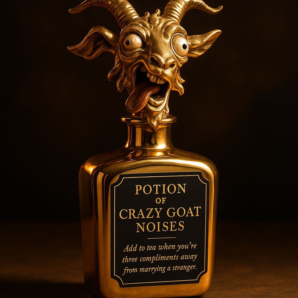 Luxurious Surrealist Potion Bottle with Chaotic Goat Head Ca...