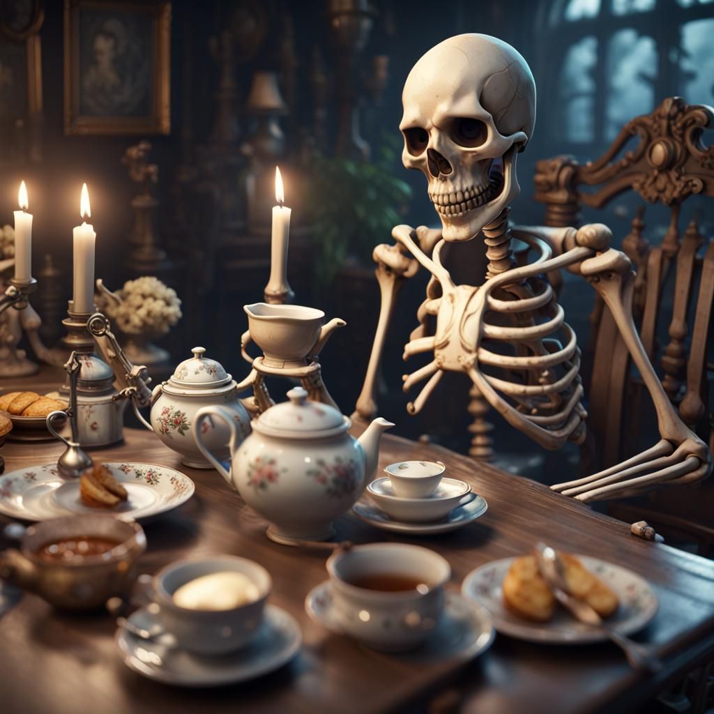 Close-up Skeleton Tea Party in Cinematic 3D
