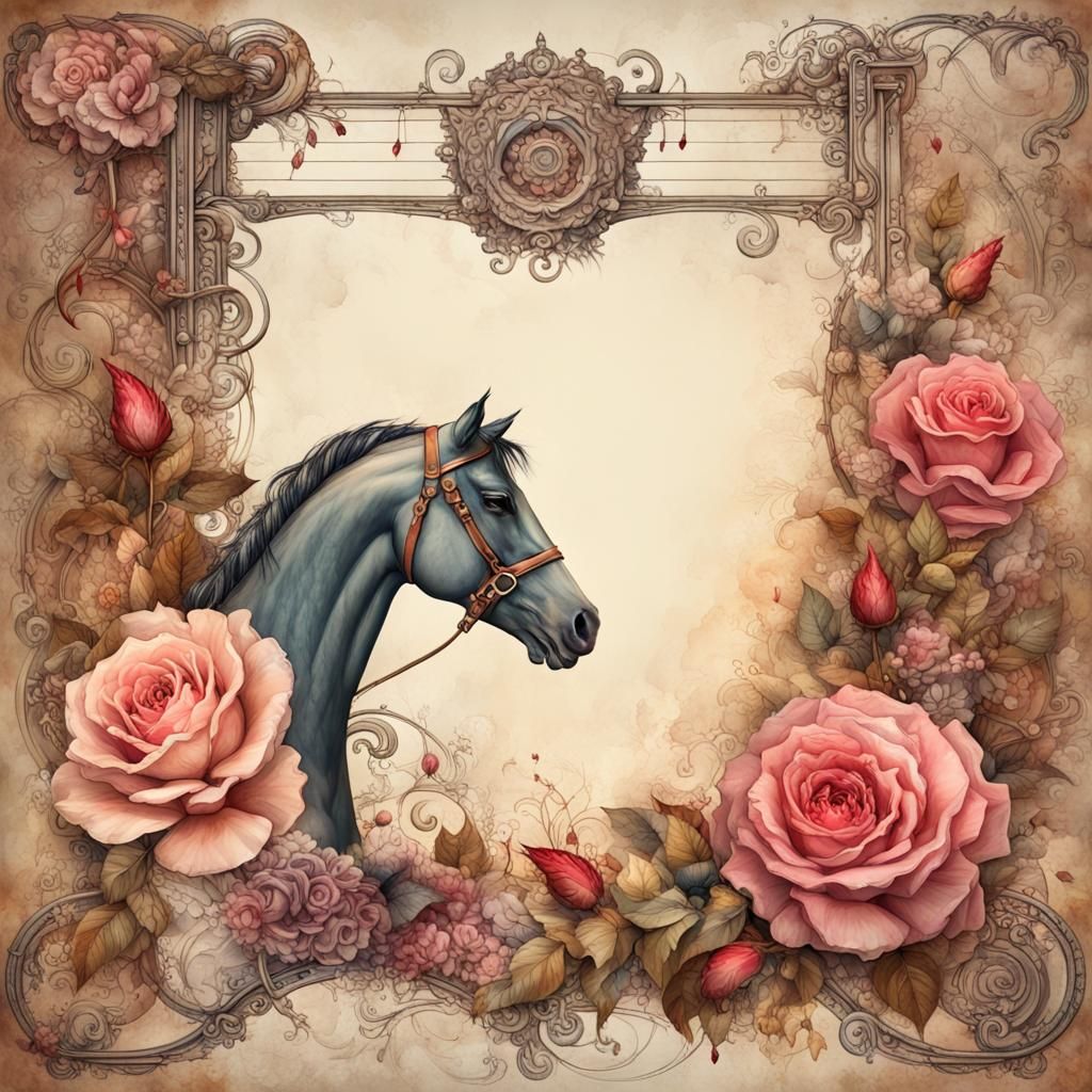 Notebook Page with Roses, Horses and Steampunk Elements