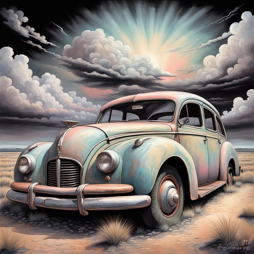 Abandoned Car: German Expressionist Charcoal Drawing