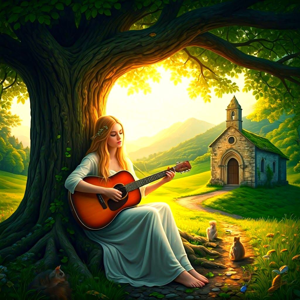 Girl Plays Guitar Under Ancient Tree