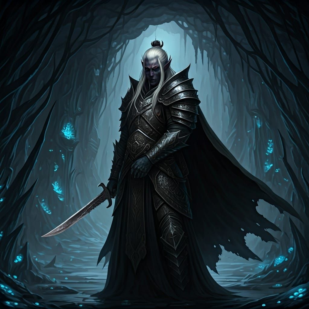 Drow Warrior in Mystical Underdark Environment