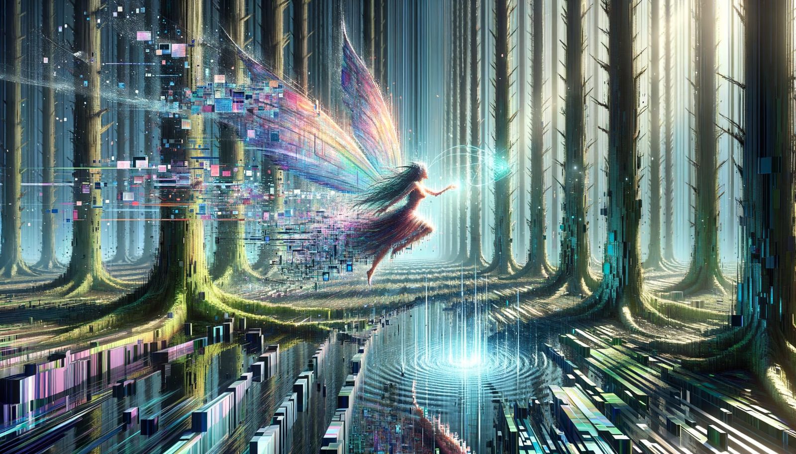 Quantum Glitchpunk Fairy in Pixelated Forest