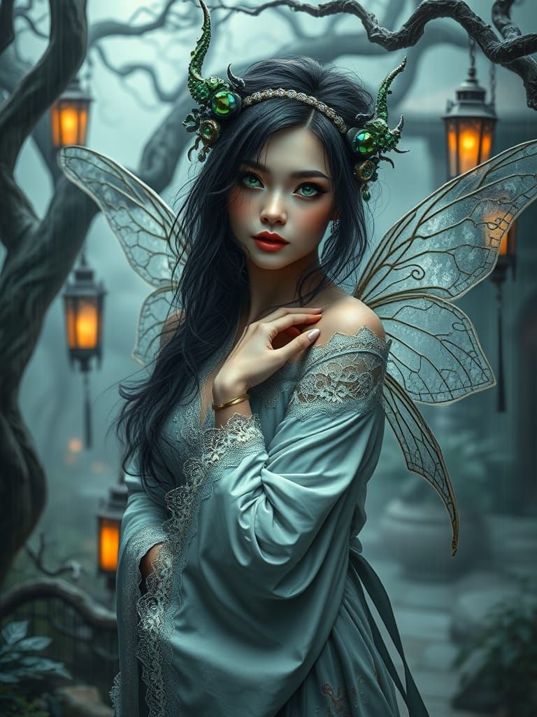 Ethereal Fantasy Fairy in Japanese Garden with Mystical Glow