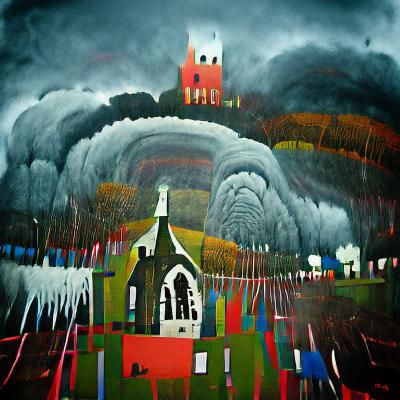 Ominous Church in Storm, Oil Painting