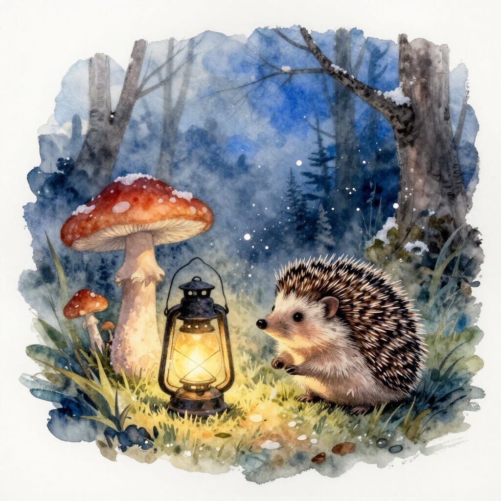 Hedgehog and Mushroom Spirit Share Lantern Glow