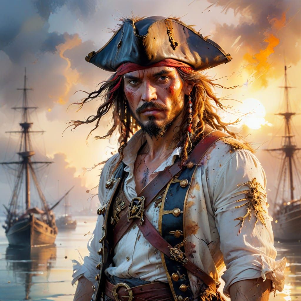 Pirate Captain at Harbour in Watercolour Style
