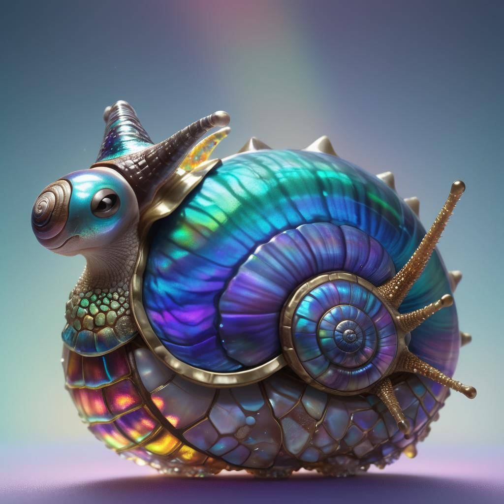 Iridescent Snail Emerges from Geode, Digital Painting