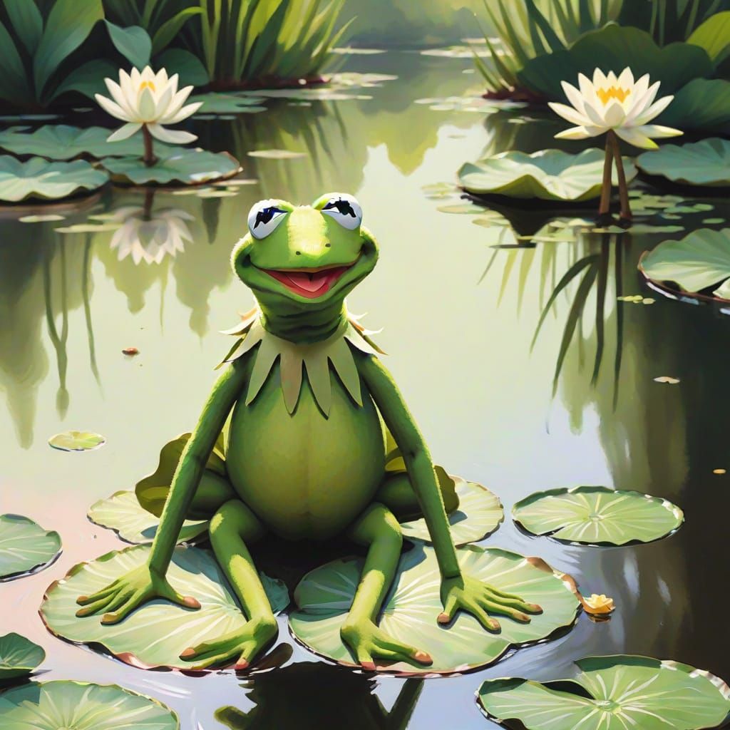 Kermit on Lily Pad, Gouache Whimsical Illustration