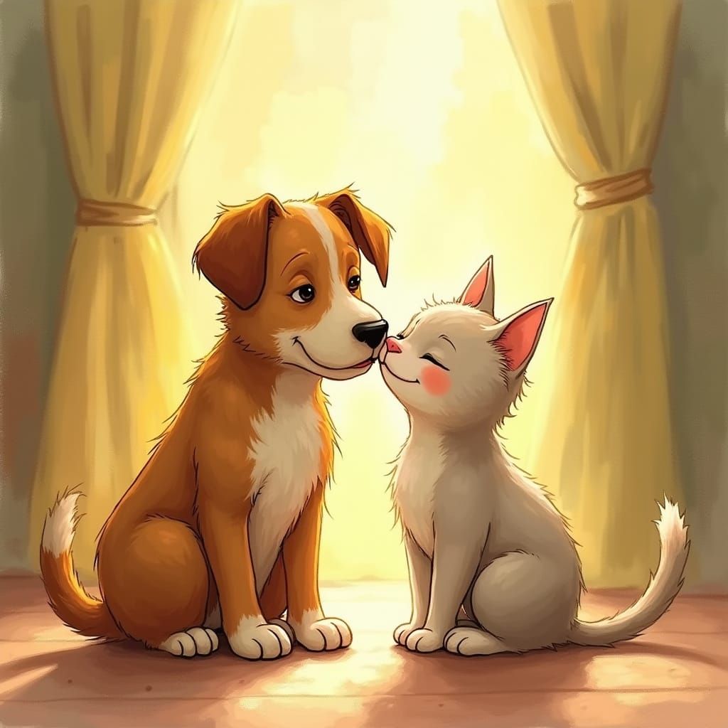 A Whimsical Scene of Friendship Between a Dog and a Cat in a...
