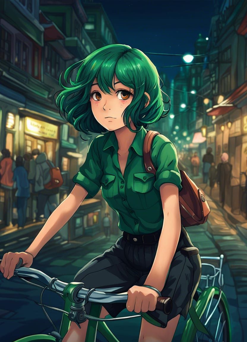 Anime Girl Rides Bike Home at Night