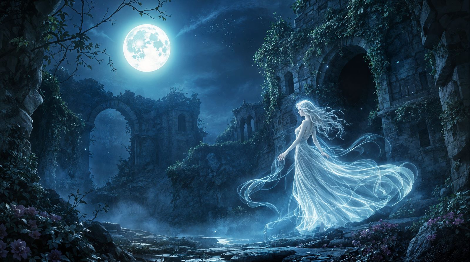 Spectral Beauty in Forgotten Ruins Under Moonlight