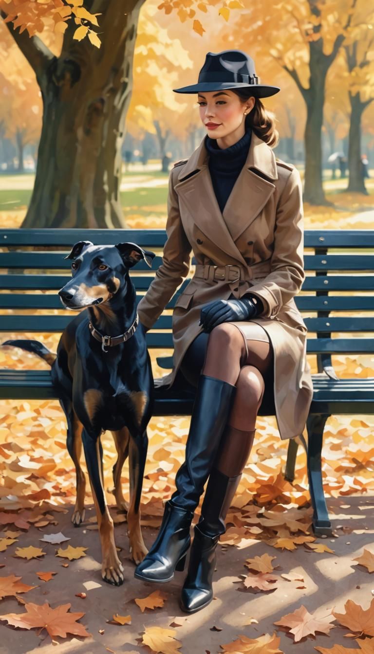 Woman with Greyhound in Autumn Park, Impressionist Style