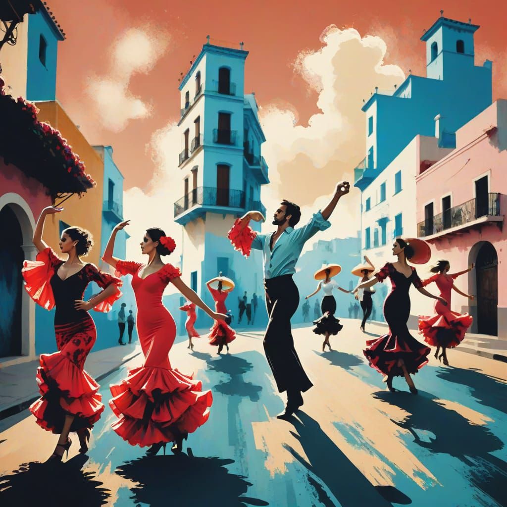 Flamenco Dancers by the Sea: Grunge Glossy Style