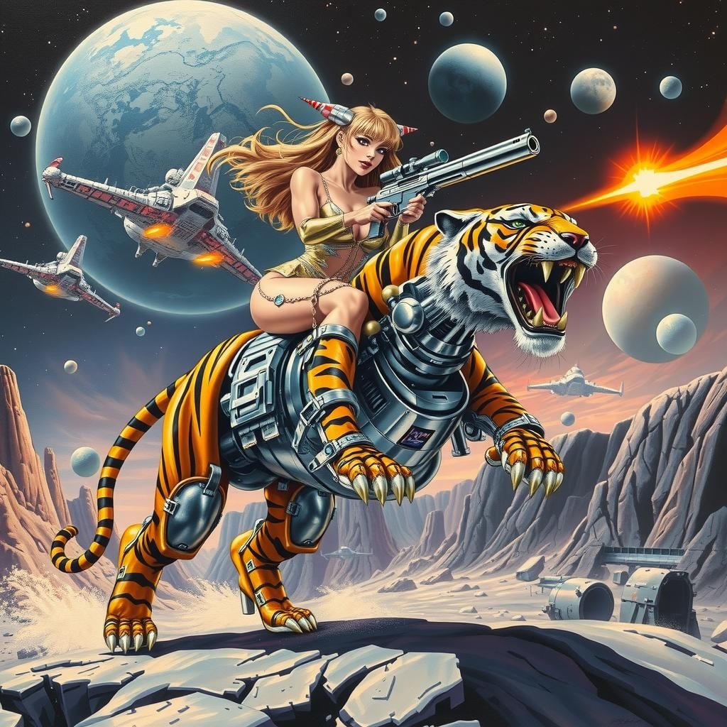 Cyberpunk Female Rides Robotic Tiger in Space