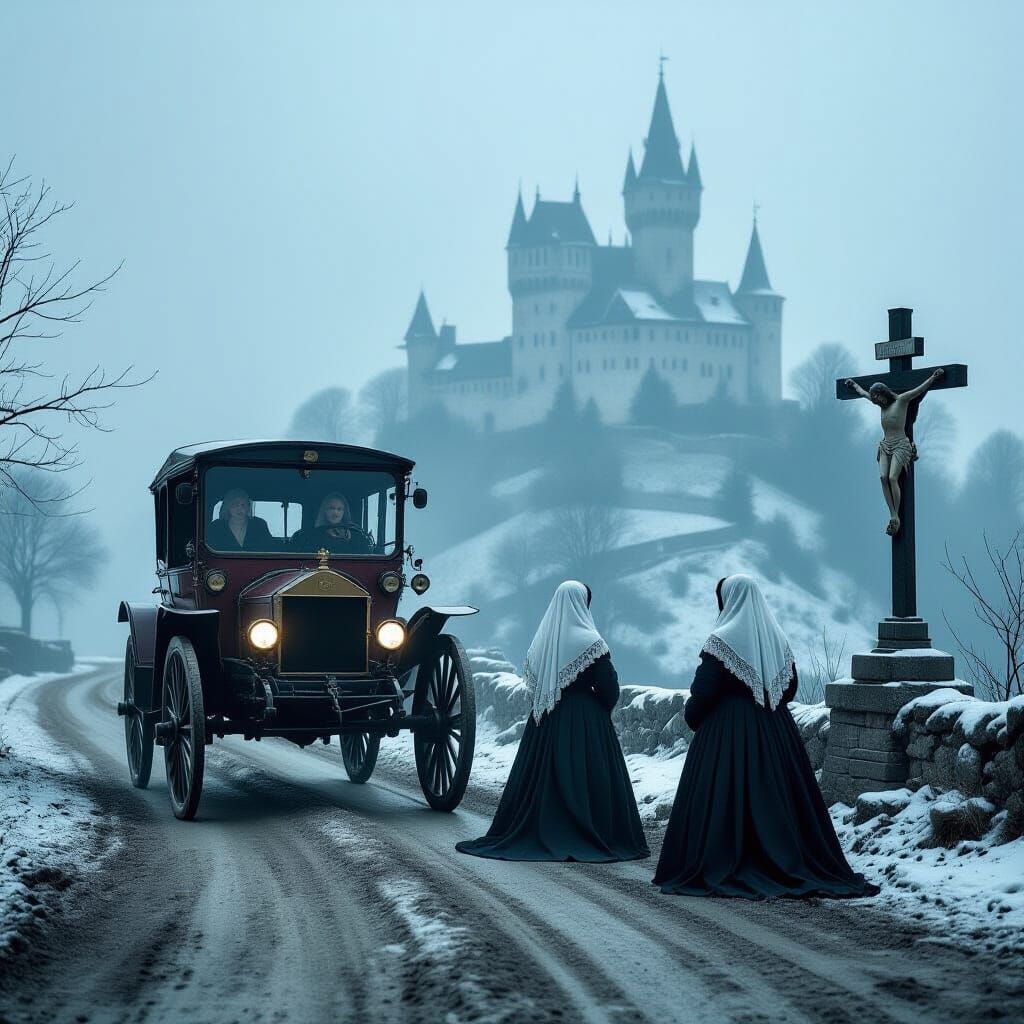 Spectral Madonna Crossroads in Snowy Transylvania