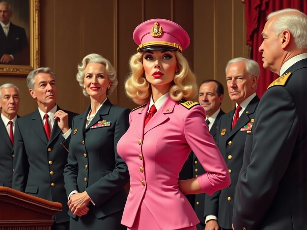 Serious Female Military General in Pink Uniform Gives Presen...