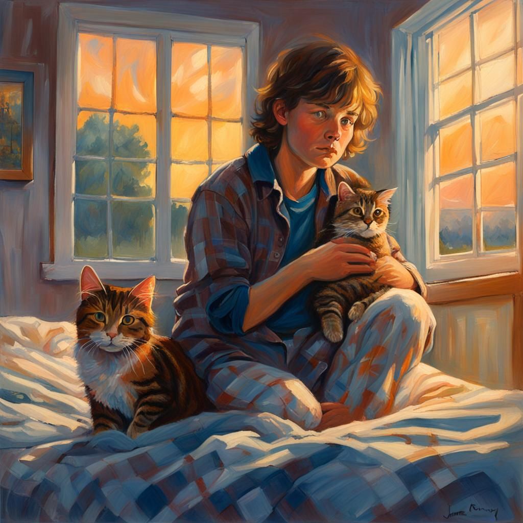Sleepy Non-Binary Person Woken By Cat, Oil Painting