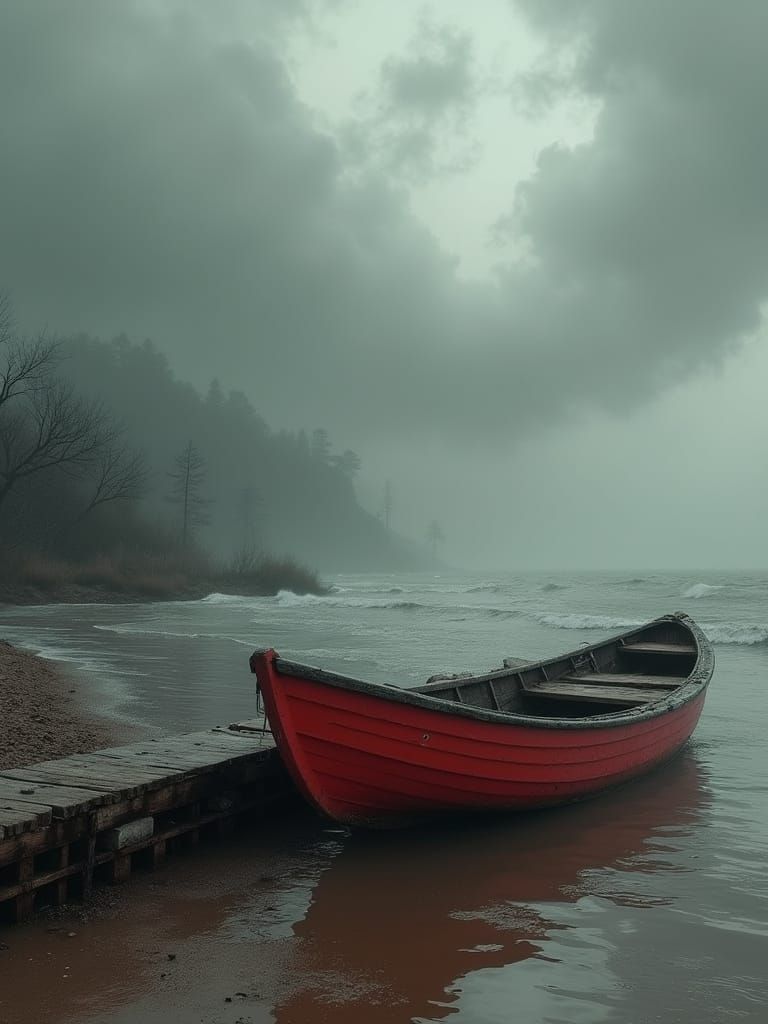 Red Rowboat Waits Under Stormy Sky as Fantasy Art