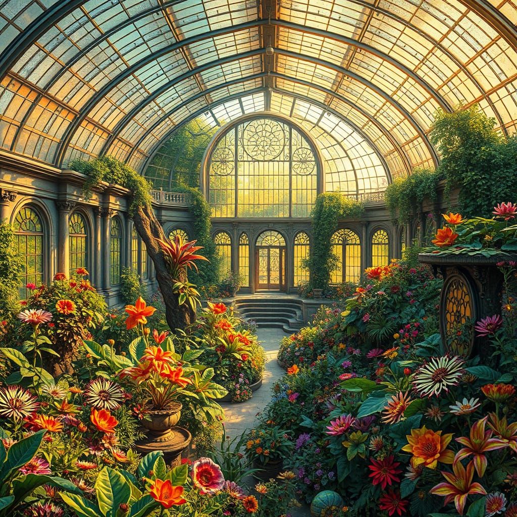 Majestic Greenhouse Blooms with Psychedelic Flowers in Art N...