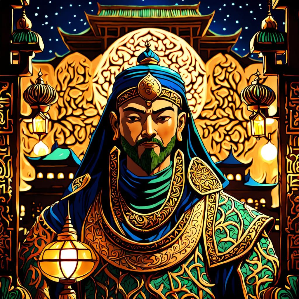 Arabic and Japanese Temple at Night in Digital Art