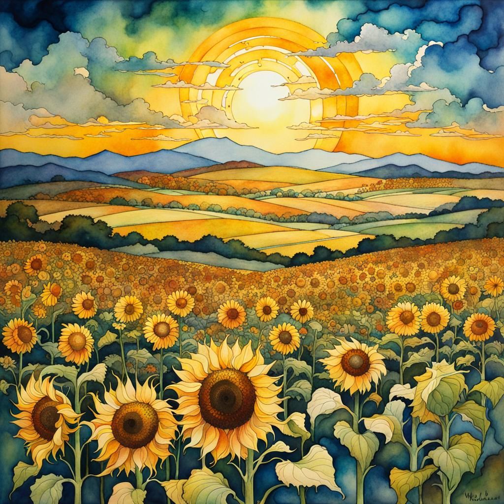 Glowing Sunflower Field: Watercolor and Alcohol Ink Painting