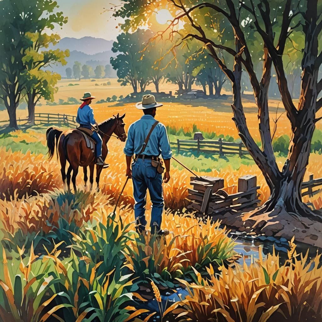 Golden Cornfield at Sunrise: An Impressionist Gouache Painti...
