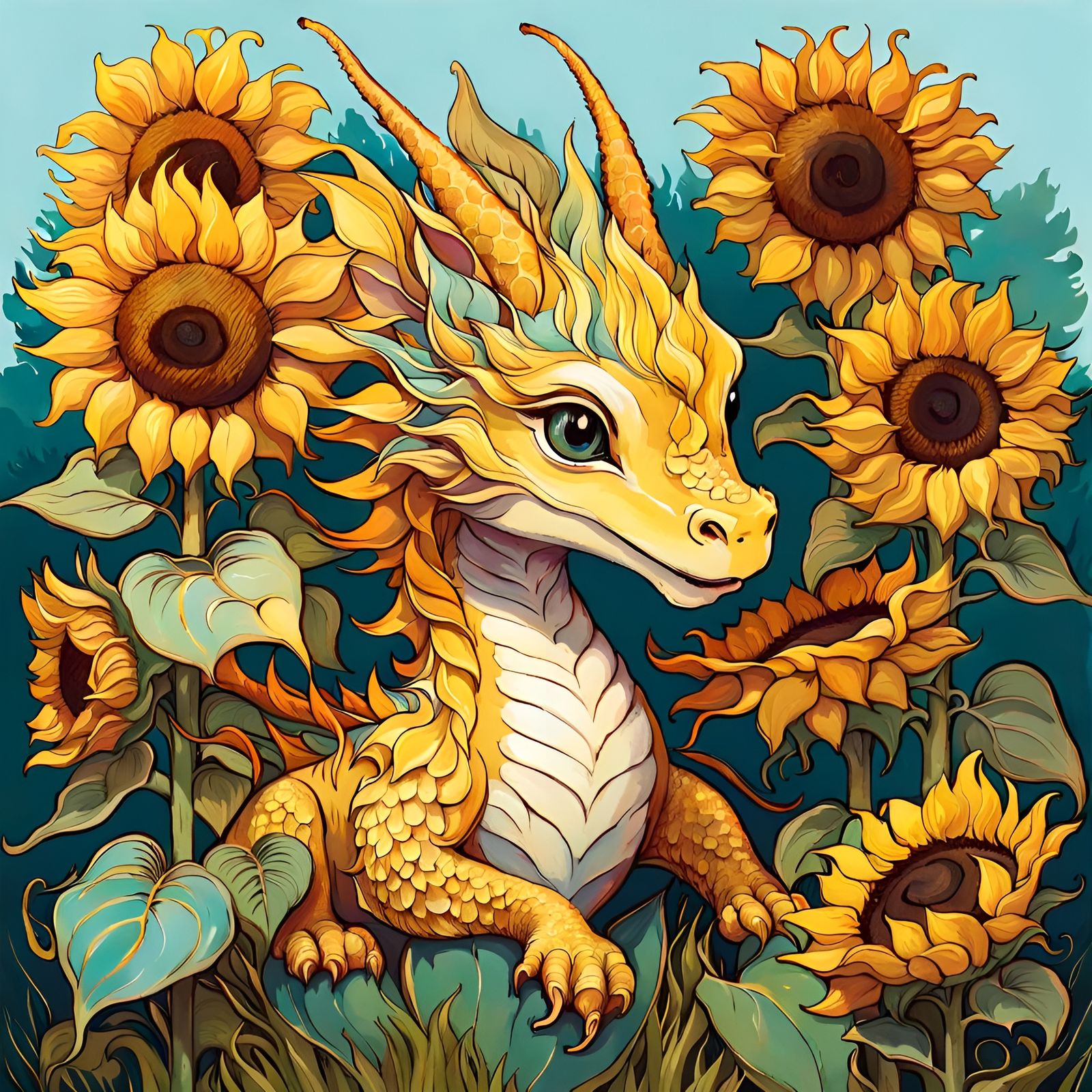 Sunflower Dragon in an Impasto Garden