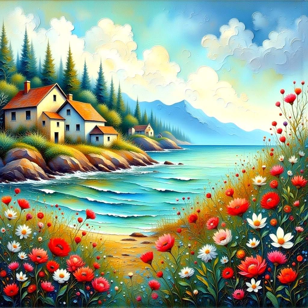 Serenity Along the Seaside Coast with Vibrant Wildflowers