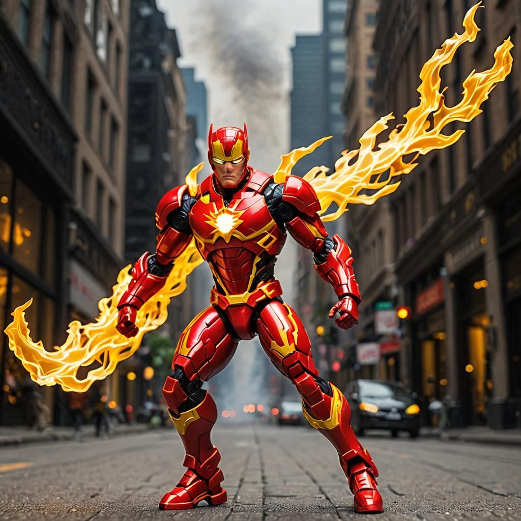 Firestorm action figure defending the city