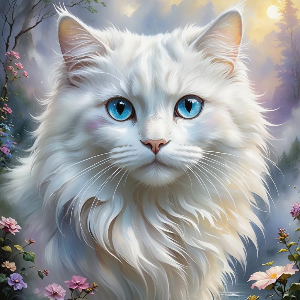 Fluffy White Cat with Prismatic Eyes in Impasto Style