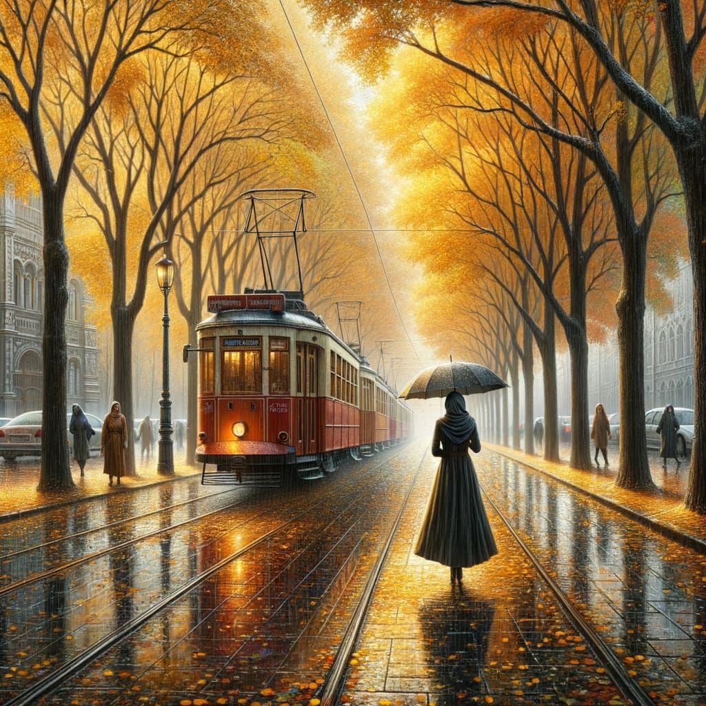 Rainy Autumn Impressionism Scene with Woman and Tram