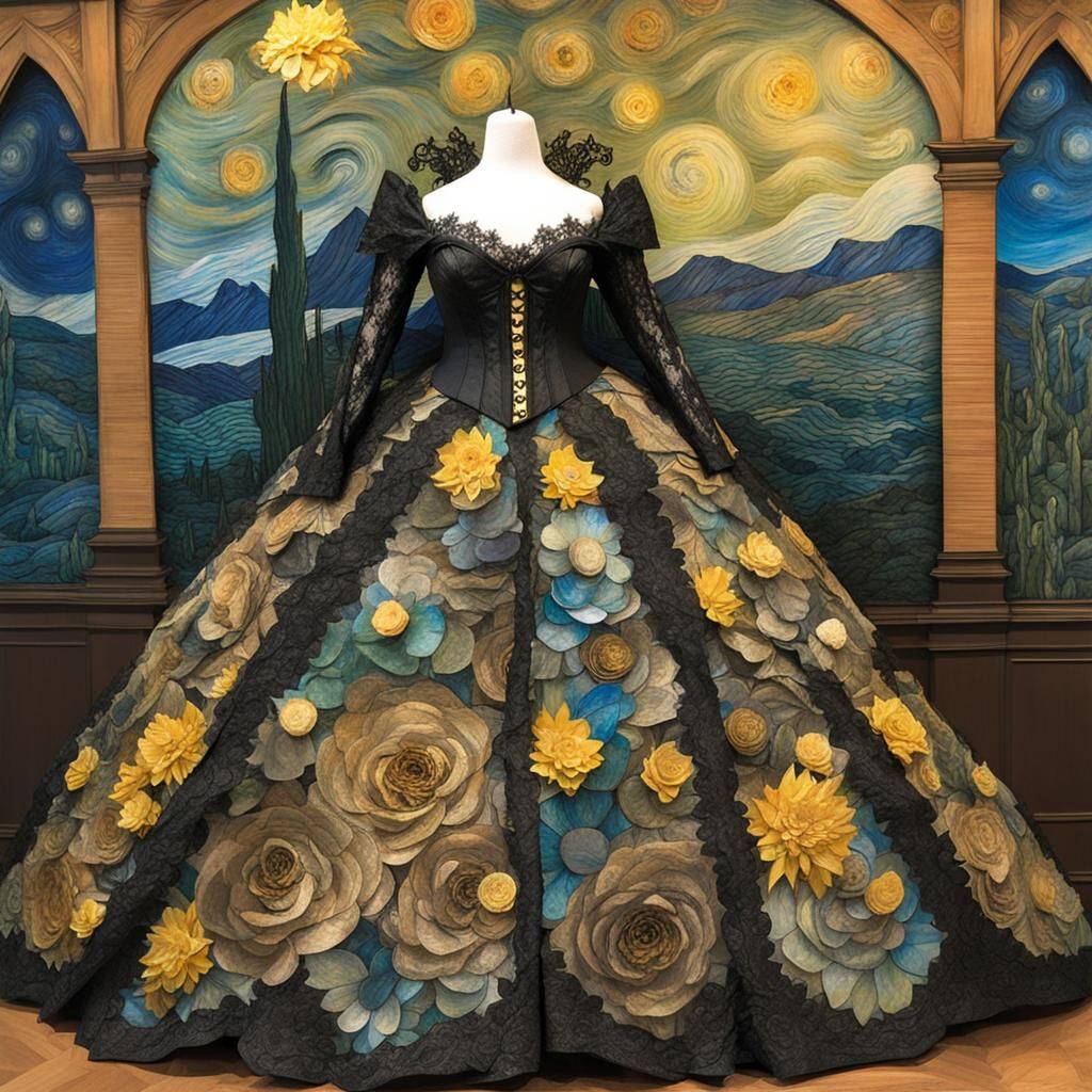 Van Gogh Paper Collage Ballgown, Intricate Long Sleeved Lace Bodice, Multilayer Alcohol Ink Paper Skirt, Alexander McQue...