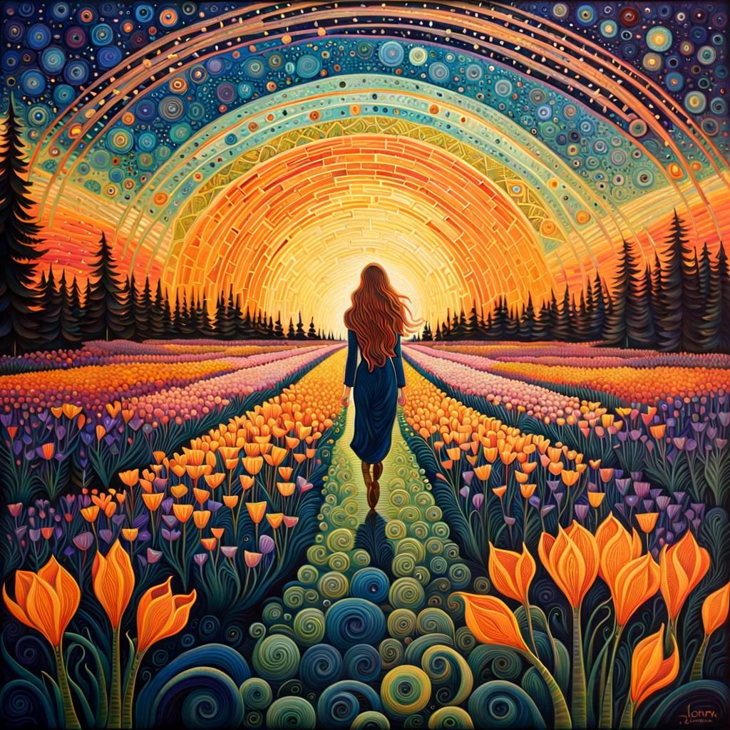 Botanist in Bioluminescent Crocus Field, Iridescent Digital ...